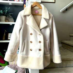 Double Breasted Teddy Panel Coat (Color : Apricot, Size : Large